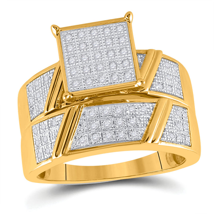 10kt Yellow Gold His & Hers Round Diamond Cluster Matching Bridal Wedding Ring Band Set 1/3 Cttw