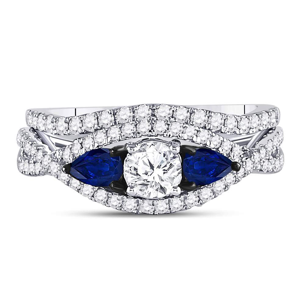 14kt White Gold Womens Round Diamond Blue Sapphire Bridal Wedding Ring Set 1-3/8 Cttw