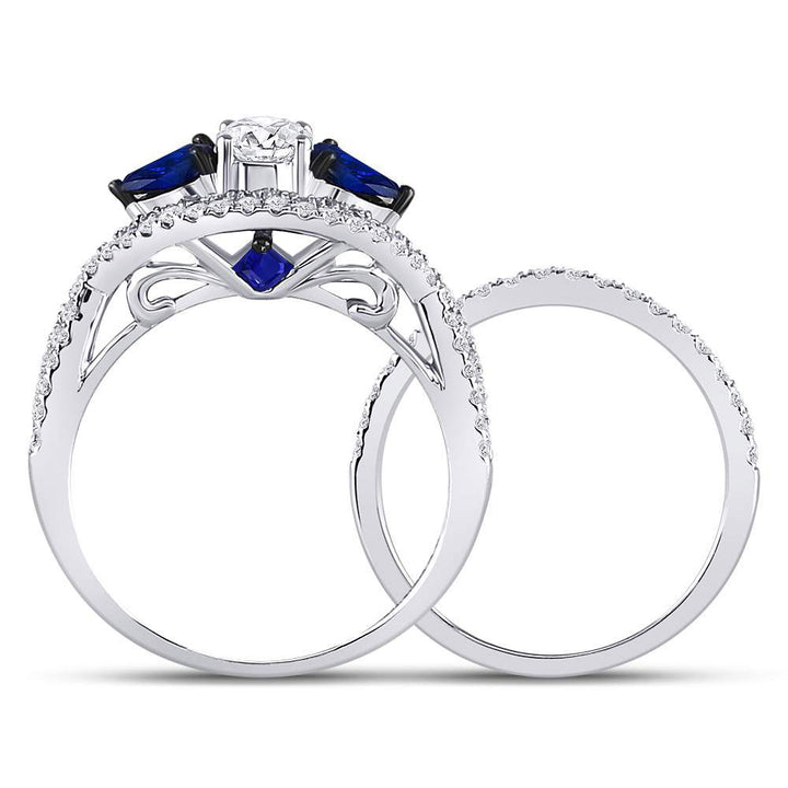 14kt White Gold Womens Round Diamond Blue Sapphire Bridal Wedding Ring Set 1-3/8 Cttw