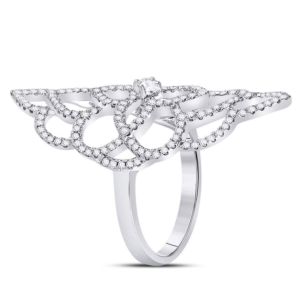 18kt White Gold Womens Round Diamond Flower Petals Knuckle Fashion Ring 3/4 Cttw