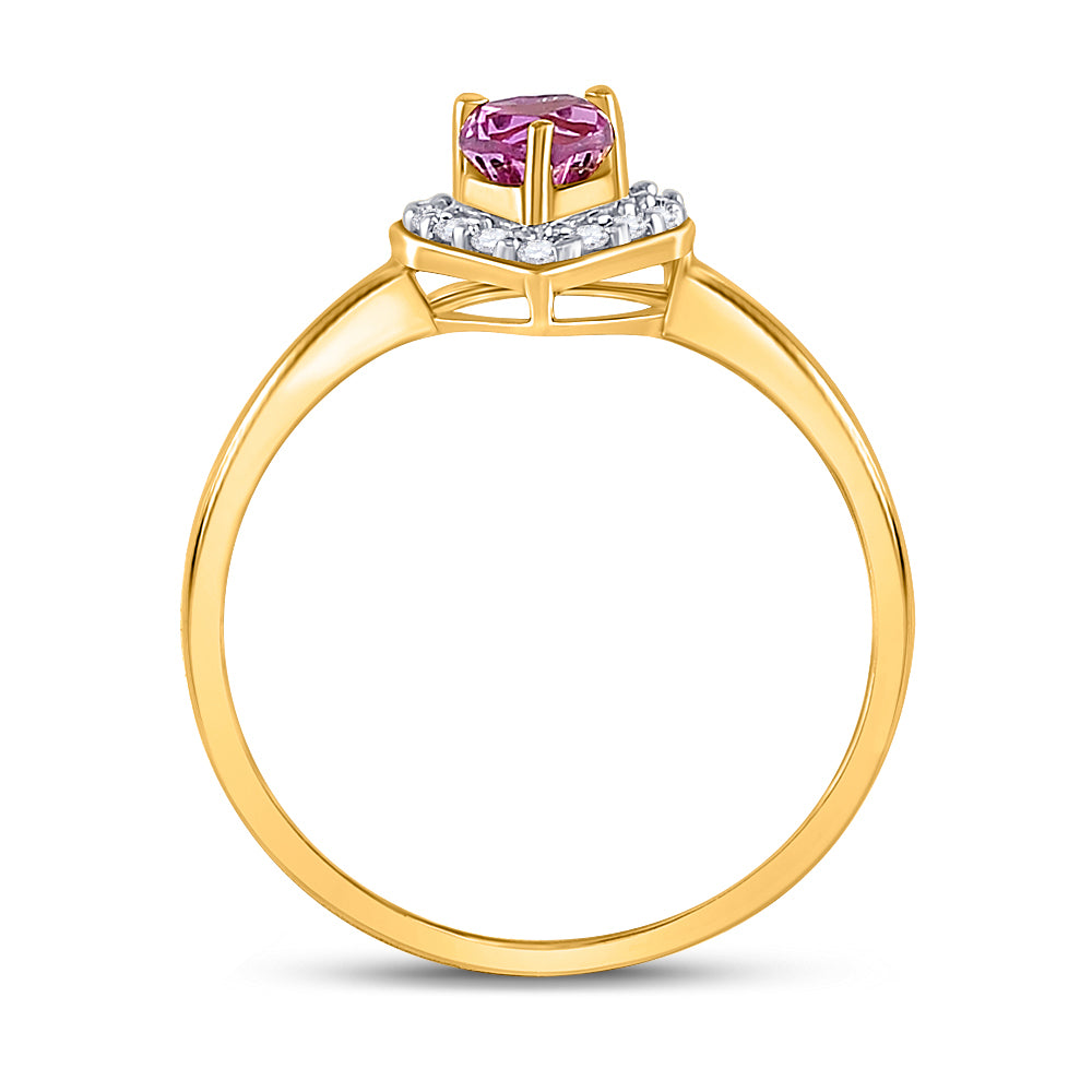 10kt Yellow Gold Womens Round Lab-Created Pink Sapphire Heart Ring 1/10 Cttw