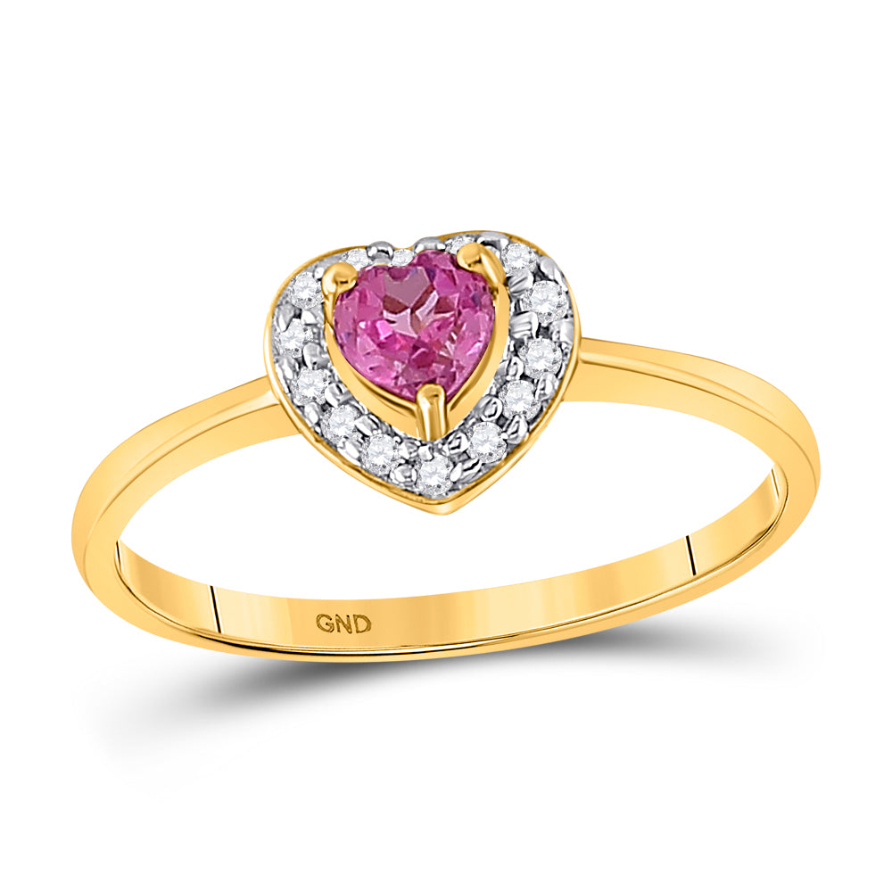 10kt Yellow Gold Womens Round Lab-Created Pink Sapphire Heart Ring 1/10 Cttw