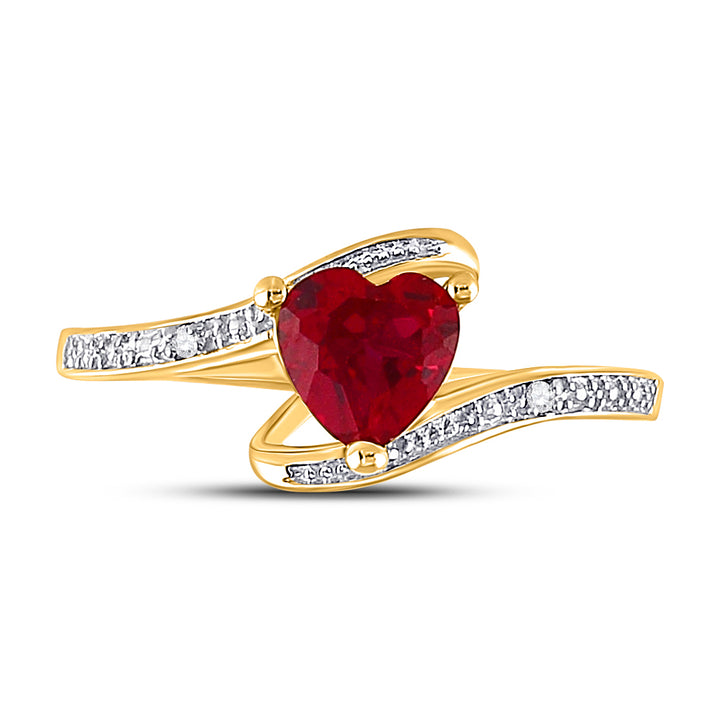 10kt Yellow Gold Womens Heart Lab-Created Ruby Solitaire Diamond-accent Bypass Ring 1.00 Cttw