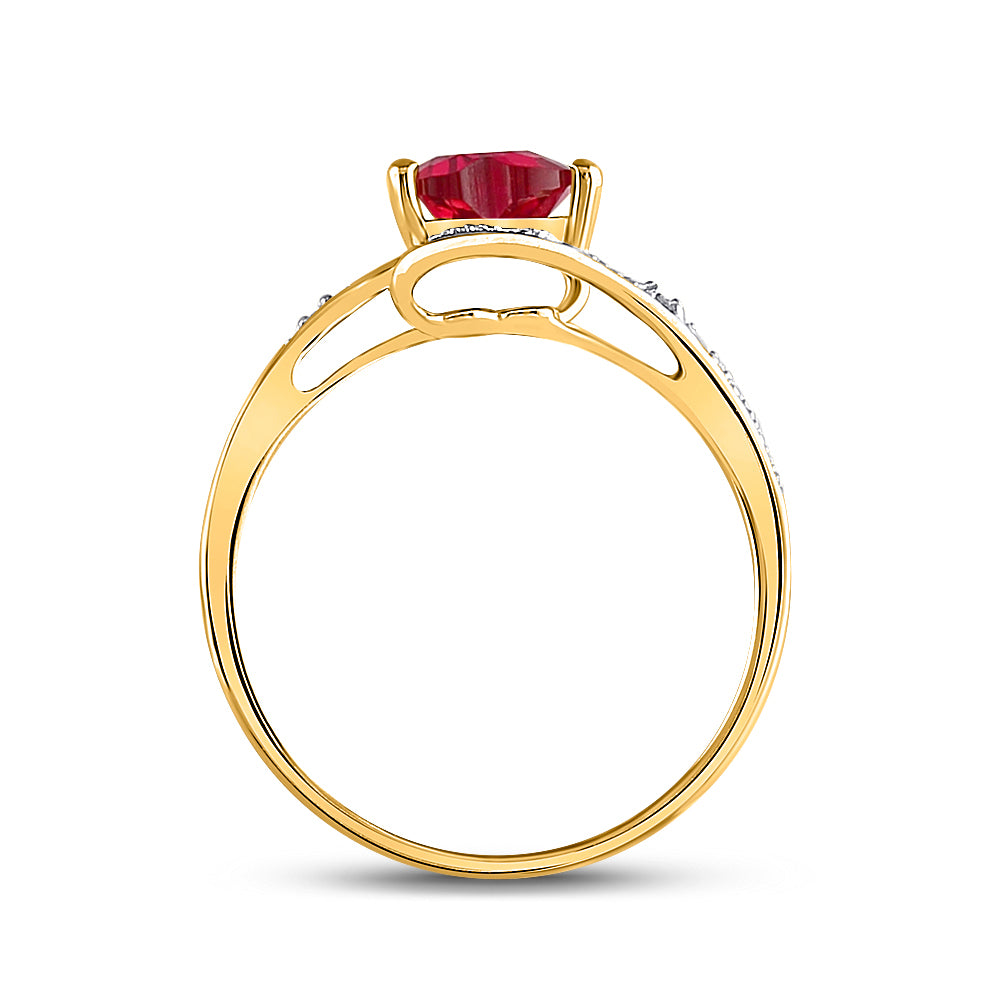 10kt Yellow Gold Womens Heart Lab-Created Ruby Solitaire Diamond-accent Bypass Ring 1.00 Cttw