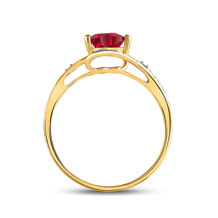 10kt Yellow Gold Womens Heart Lab-Created Ruby Solitaire Diamond-accent Bypass Ring 1.00 Cttw