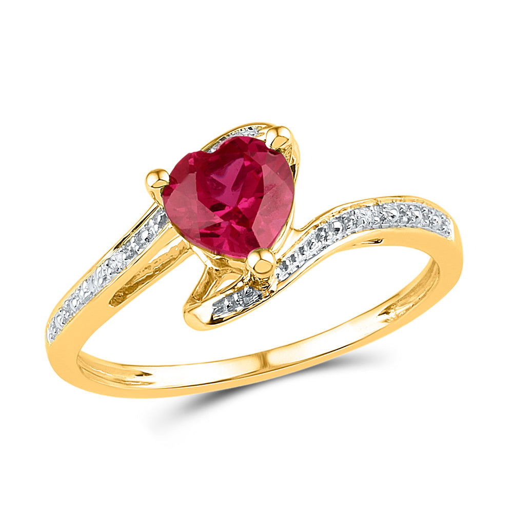 10kt Yellow Gold Womens Heart Lab-Created Ruby Solitaire Diamond-accent Bypass Ring 1.00 Cttw