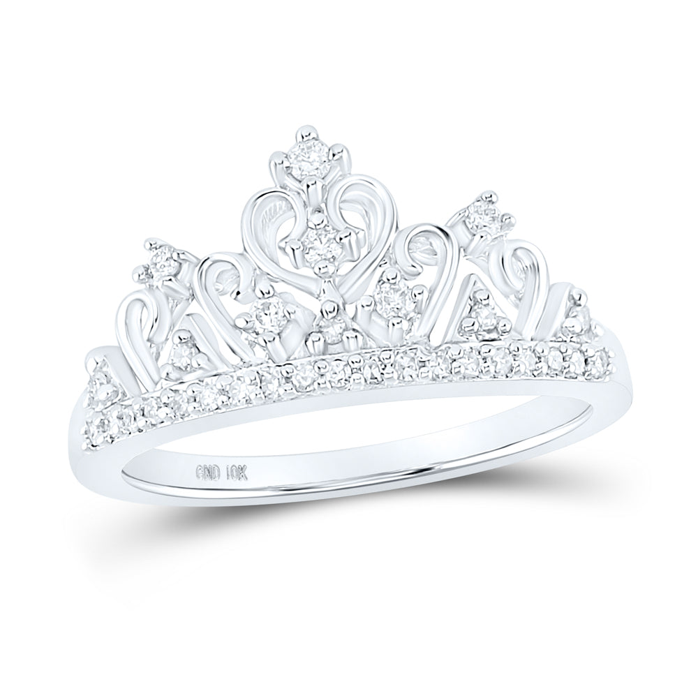 10k White Gold Round Diamond Womens Womens Crown Tiara Cocktail Band 1/5 Cttw