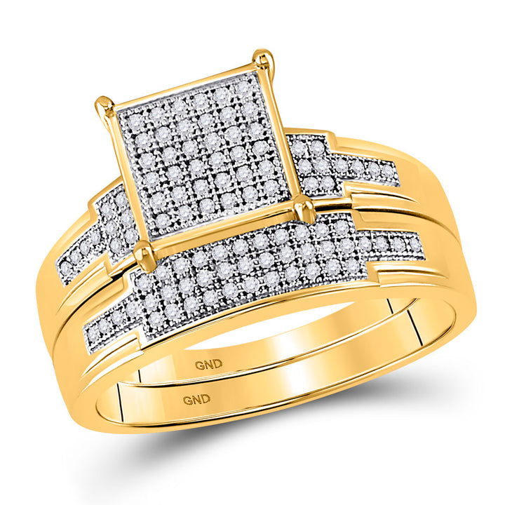 10kt Yellow Gold His Hers Round Diamond Cluster Matching Bridal Wedding Ring Band Set 1/2 Cttw