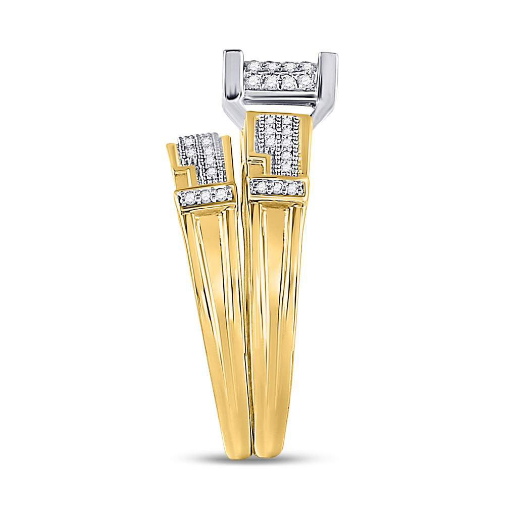 10kt Yellow Gold His & Hers Round Diamond Square Cluster Matching Bridal Wedding Ring Band Set 1/2 Cttw