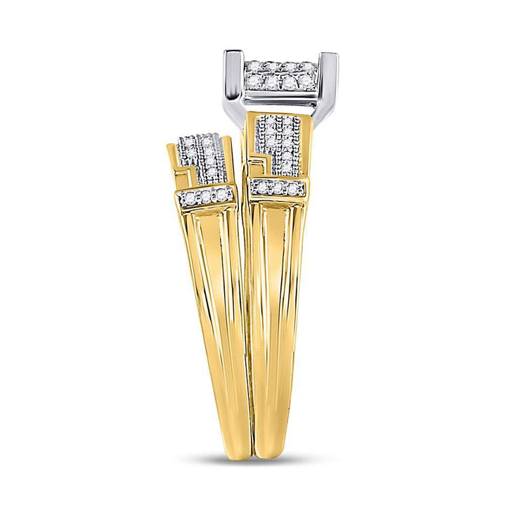 10kt Yellow Gold His & Hers Round Diamond Square Cluster Matching Bridal Wedding Ring Band Set 1/2 Cttw