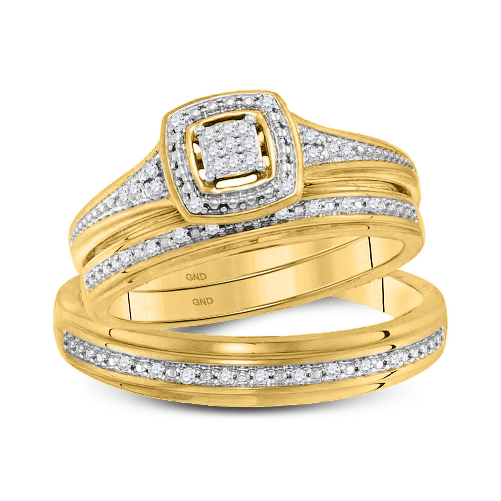 10kt Yellow Gold His & Hers Round Diamond Cluster Matching Bridal Wedding Ring Band Set 1/10 Cttw