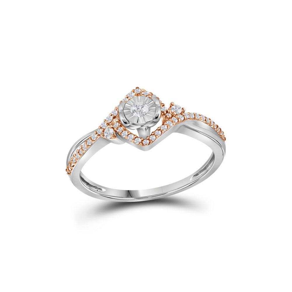 10kt Two-tone White Gold Womens Round Diamond Solitaire Rose-accent Ring 1/5 Cttw