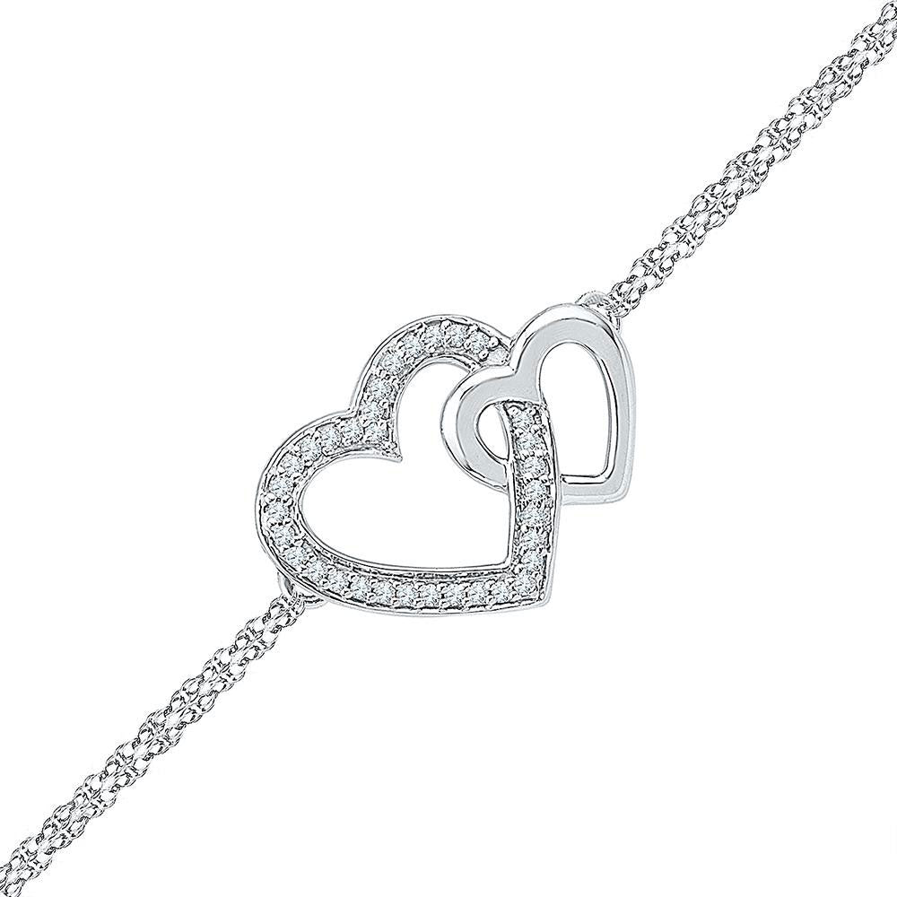 Sterling Silver Women's Diamond Double Heart Chain Bracelet 1/10 ctw