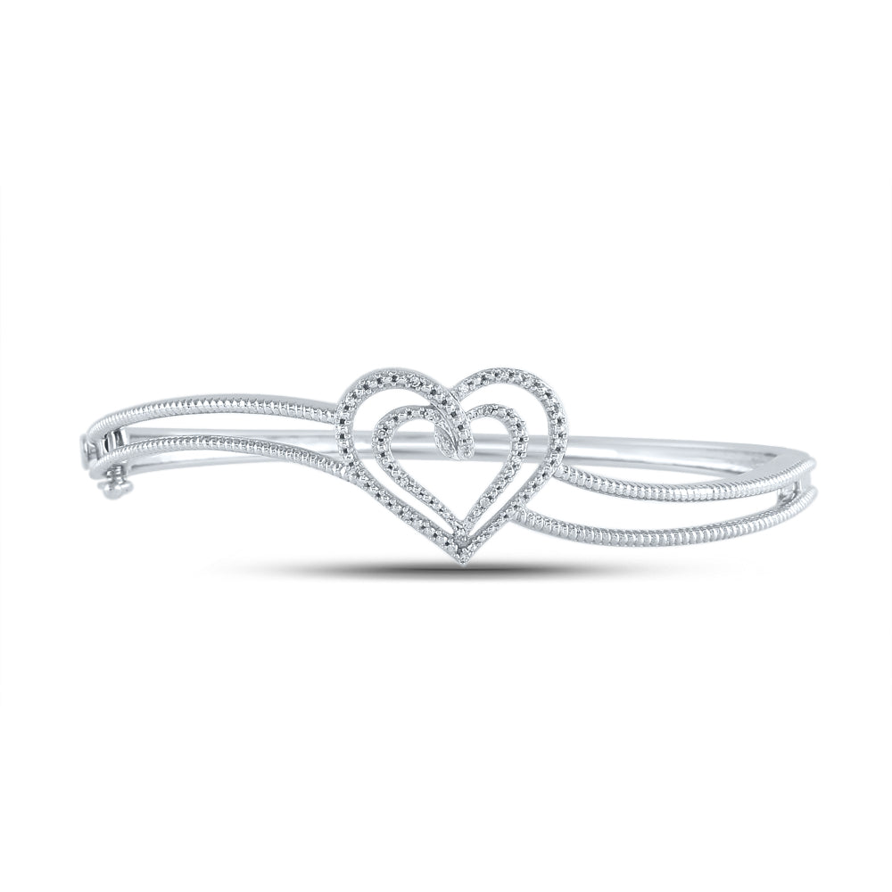 Sterling Silver Women's Diamond Double Heart Bangle Bracelet 1/20 ctw