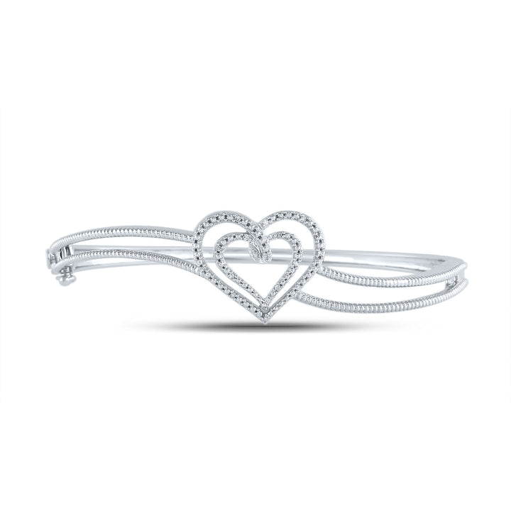 Sterling Silver Women's Diamond Double Heart Bangle Bracelet 1/20 ctw