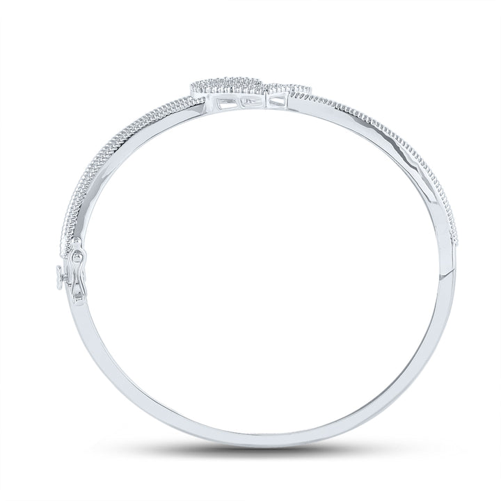 Sterling Silver Women's Diamond Double Heart Bangle Bracelet 1/20 ctw - view 3
