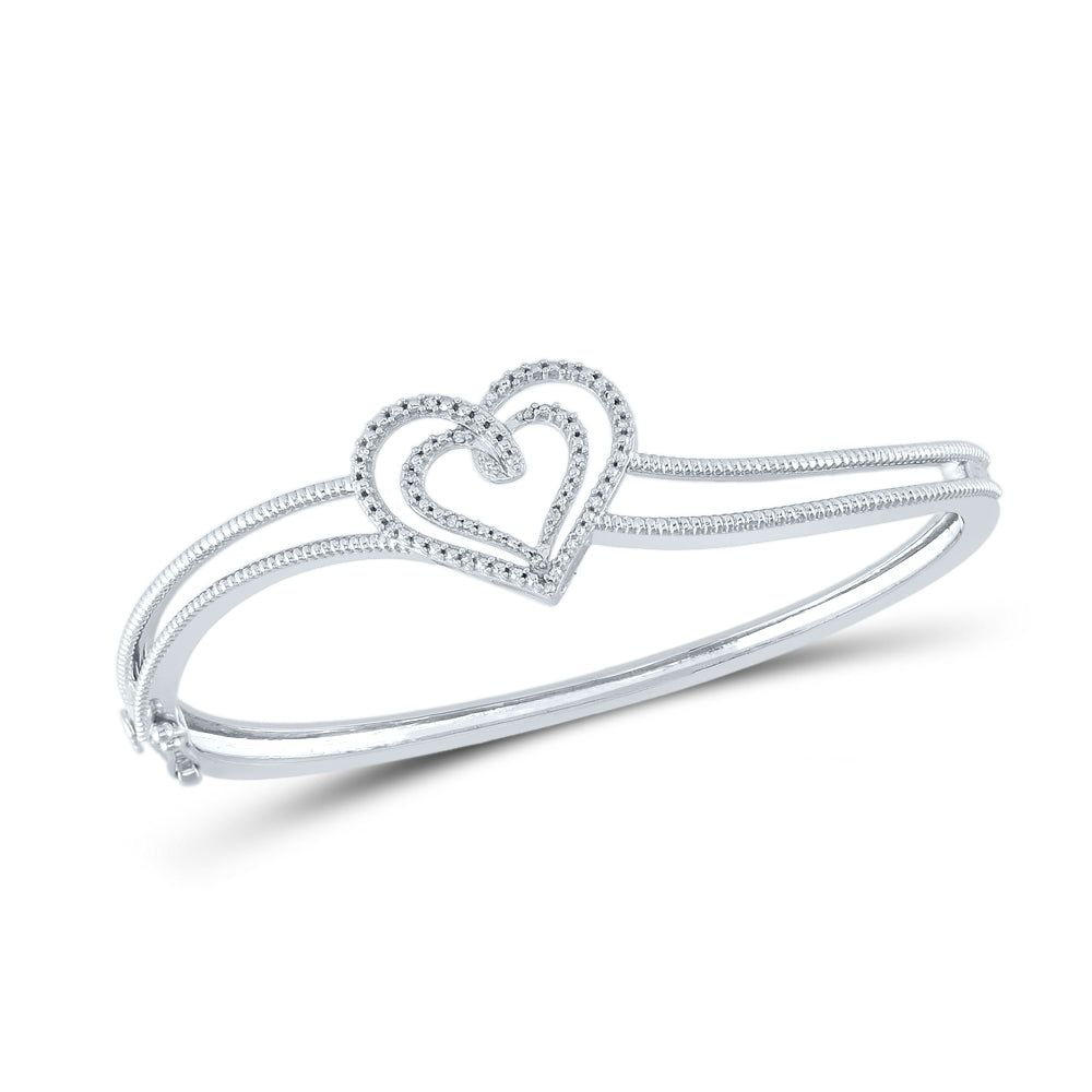 Sterling Silver Women's Diamond Double Heart Bangle Bracelet 1/20 ctw - view 4