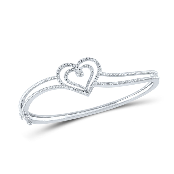 Sterling Silver Women's Diamond Double Heart Bangle Bracelet 1/20 ctw - view 4