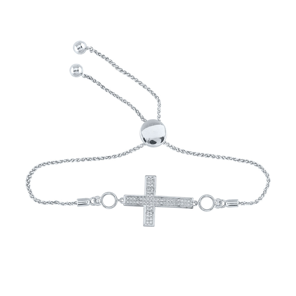 Sterling Silver Women's Diamond Cross Religious Bolo Bracelet 1/20 ctw - view 2