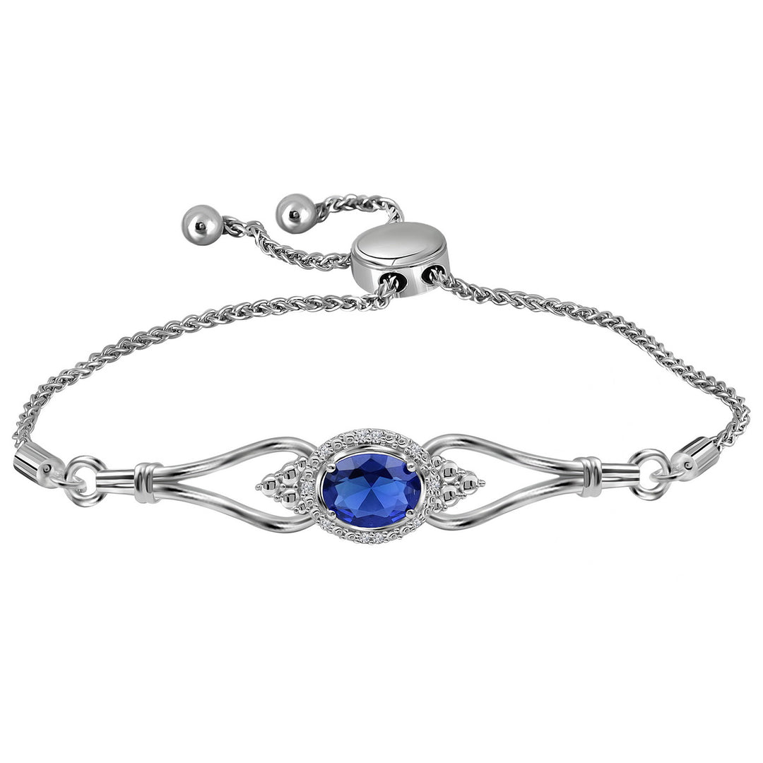 Sterling Silver Women's Oval Lab-Created Blue Sapphire Diamond Bolo Bracelet 1 ctw