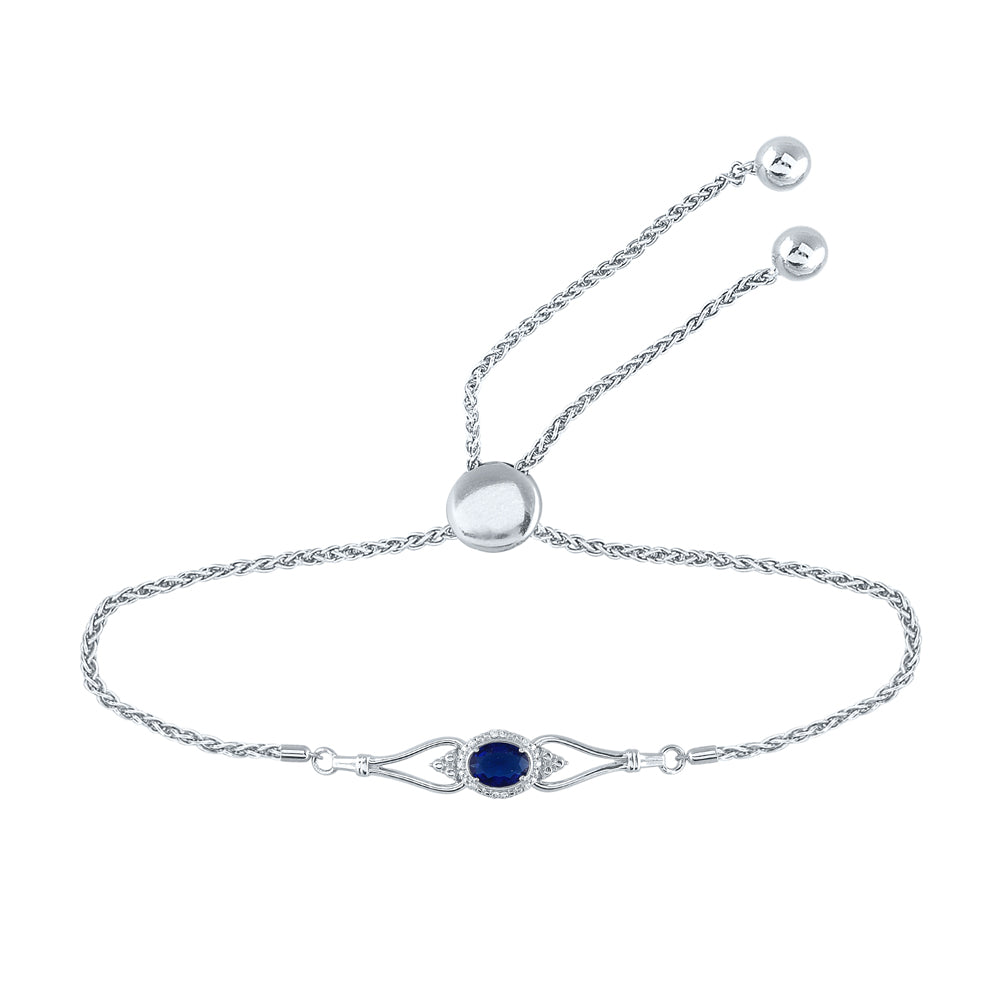 Sterling Silver Women's Oval Lab-Created Blue Sapphire Diamond Bolo Bracelet 1 ctw - view 2
