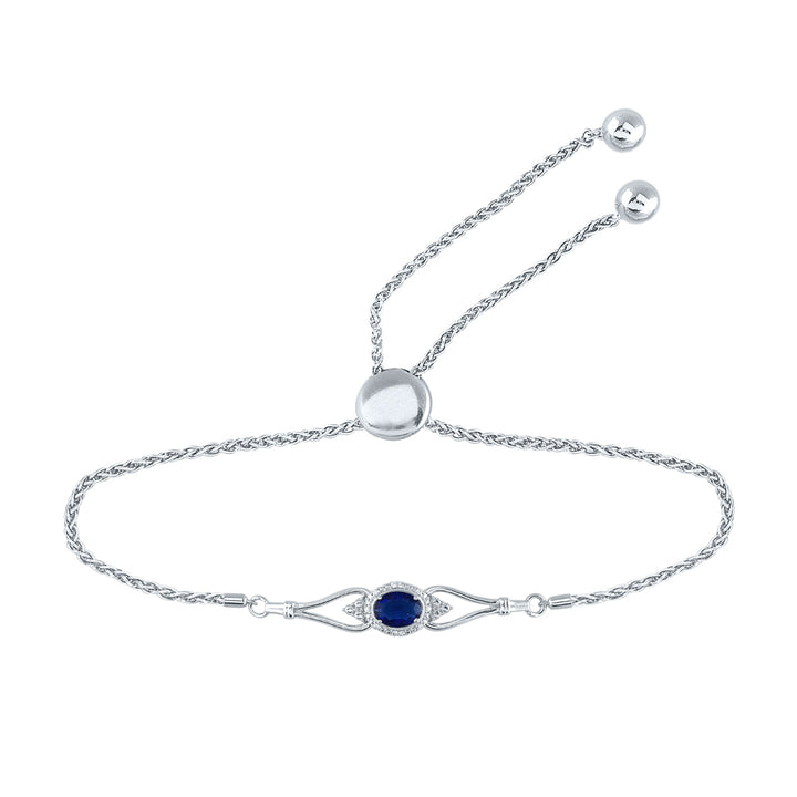 Sterling Silver Women's Oval Lab-Created Blue Sapphire Diamond Bolo Bracelet 1 ctw - view 2