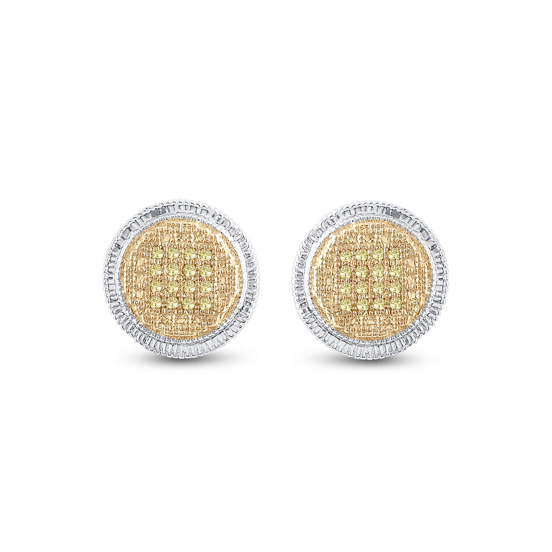 Sterling Silver Mens Round Yellow Color Enhanced Diamond Disk Circle Earrings 1/10 Cttw
