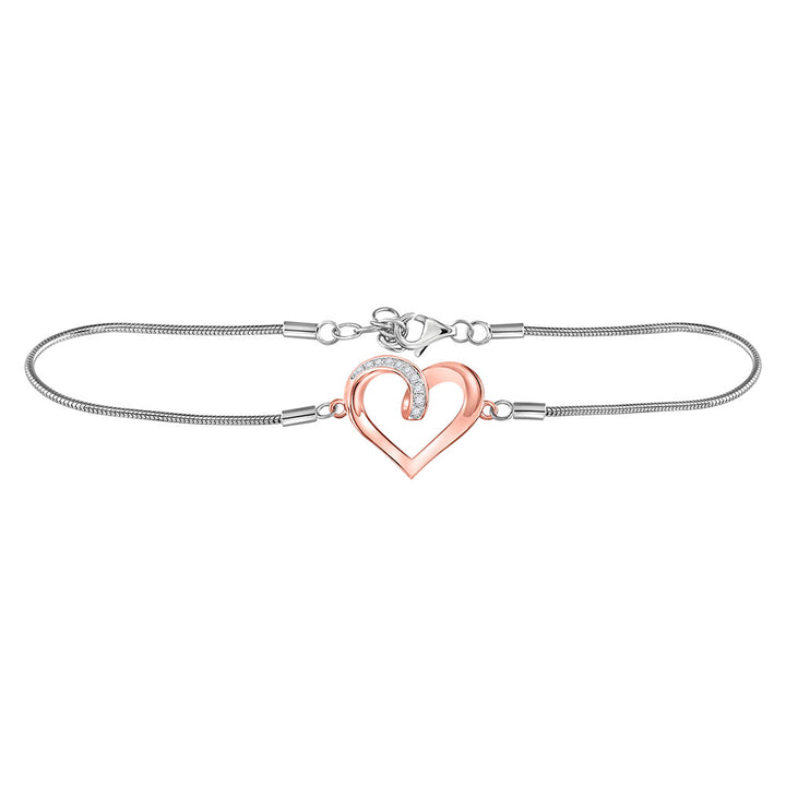 Sterling Silver Women's Diamond Rose-tone Heart Bracelet 1/12 ctw - view 2