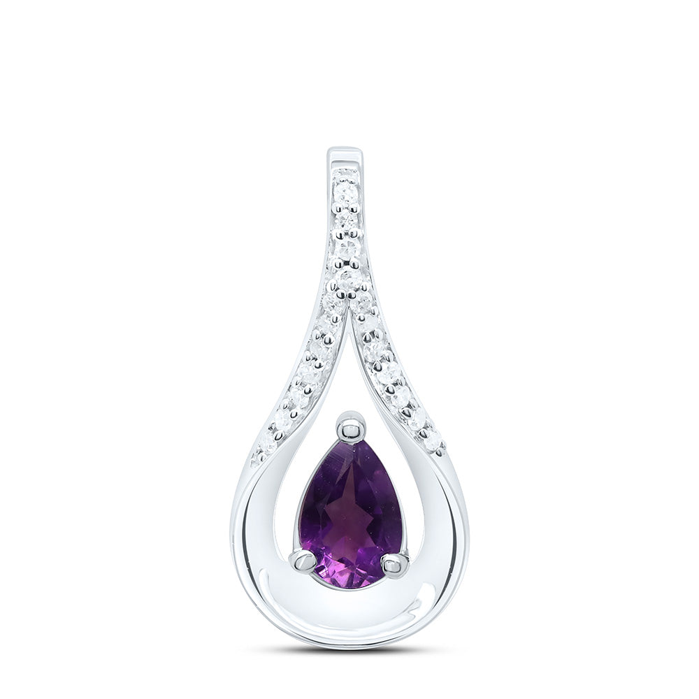 Sterling Silver Women's Pear Lab-Created Amethyst Solitaire Diamond Teardrop Pendant 1/2 ctw