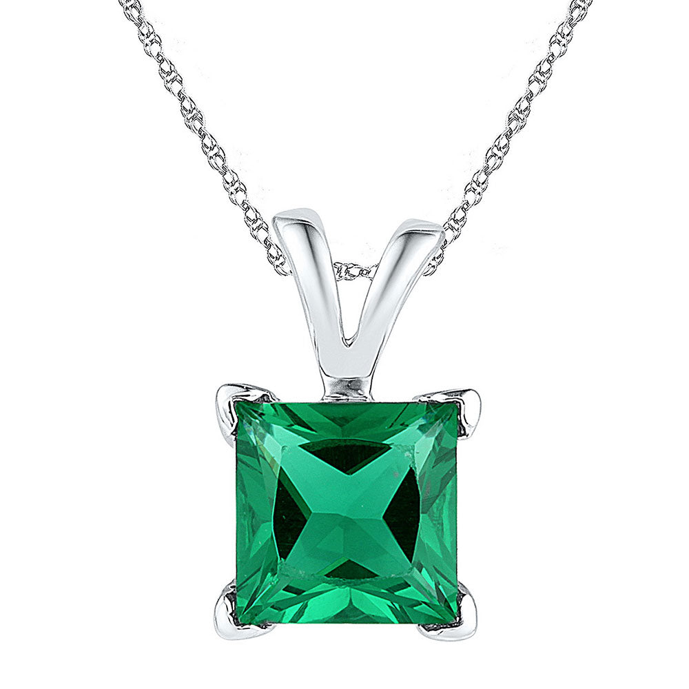 Sterling Silver Women's Princess Lab-Created Emerald Solitaire Pendant 1-1/3 ctw