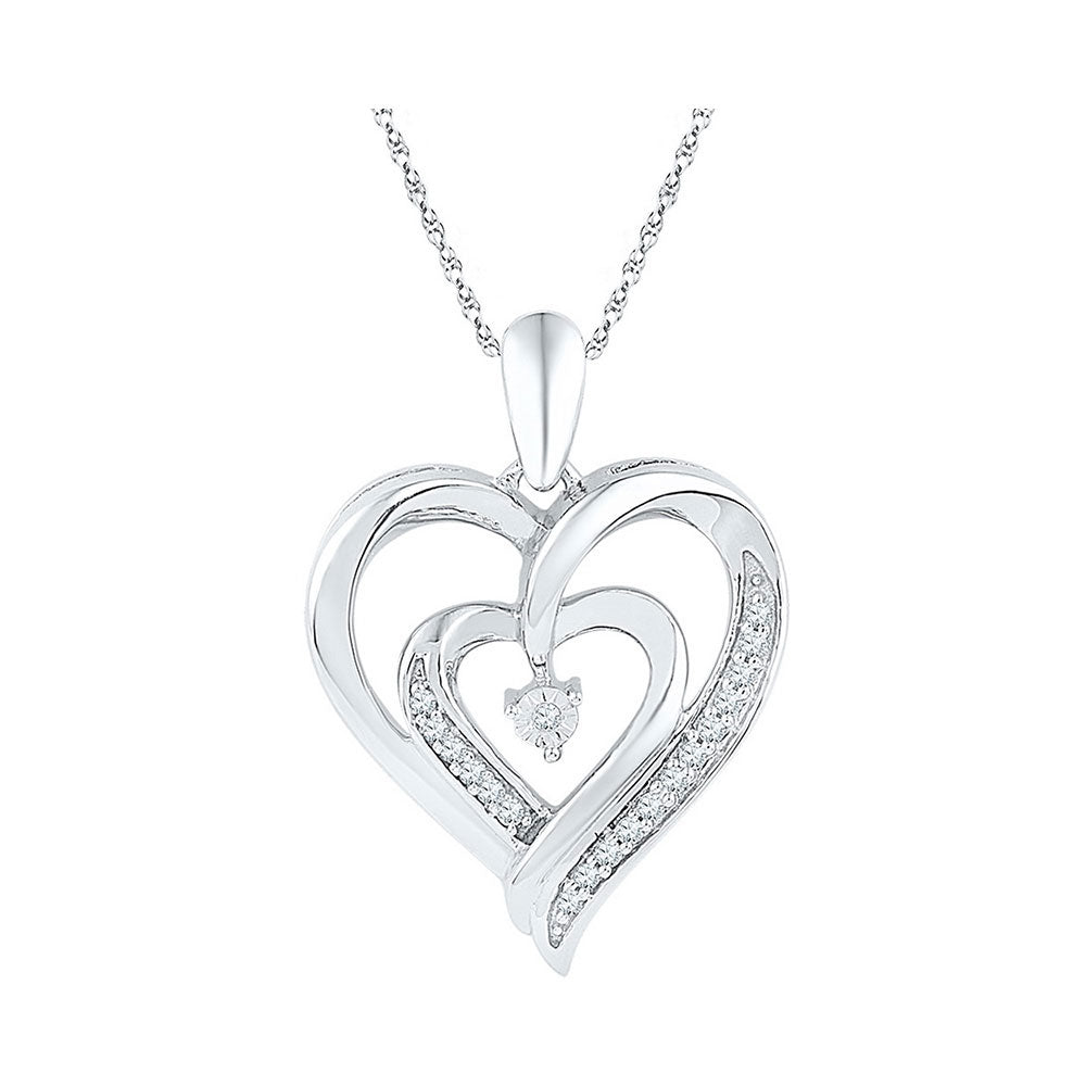Sterling Silver Women's Diamond Double Nested Heart Pendant 1/10 ctw
