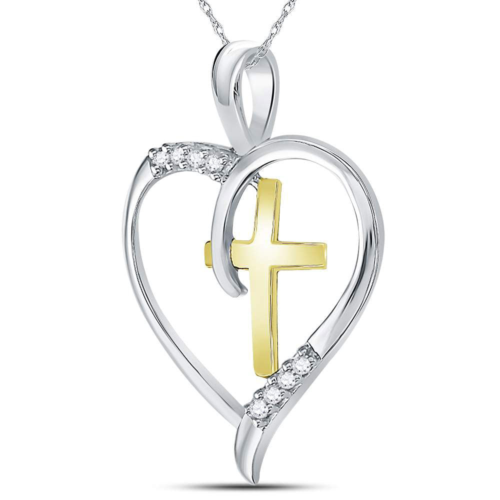 Sterling Silver Women's Diamond Heart & Cross Two-tone Pendant 1/20 ctw