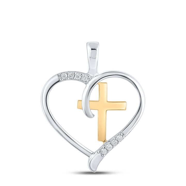 Sterling Silver Women's Diamond Heart & Cross Two-tone Pendant 1/20 ctw - view 3