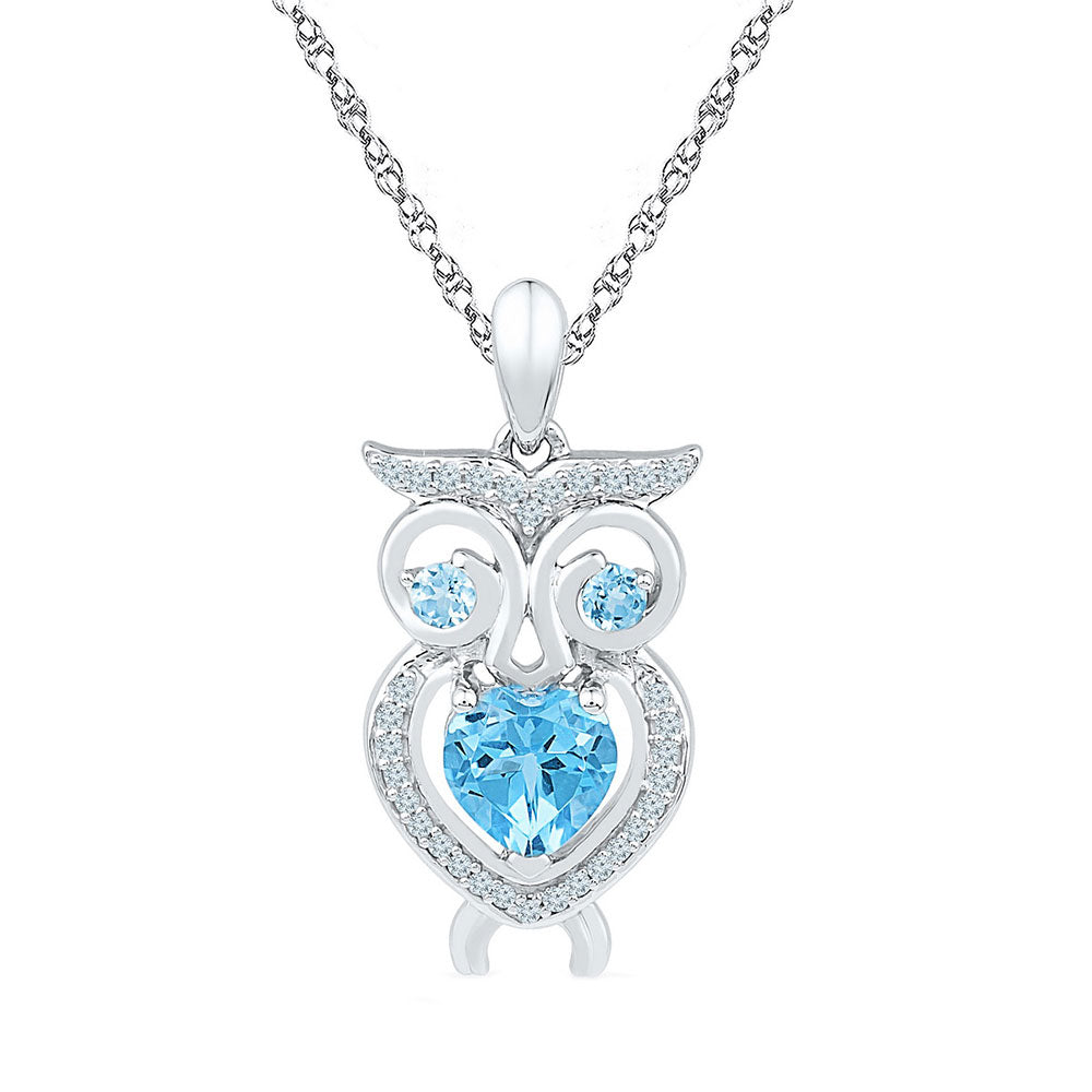 Sterling Silver Women's Heart Lab-Created Blue Topaz Owl Bird Pendant 1/8 ctw