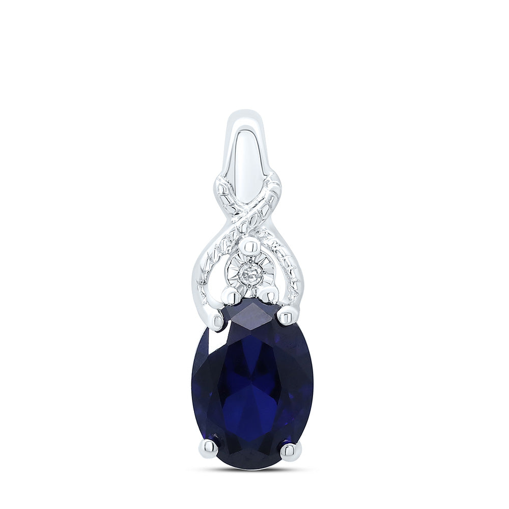 Sterling Silver Women's Oval Lab-Created Blue Sapphire Solitaire Diamond Pendant 7/8 ctw