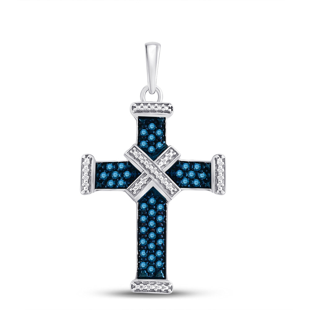 Sterling Silver Womens Round Blue Color Enhanced Diamond Bound Roman Cross Pendant 1/4 Cttw