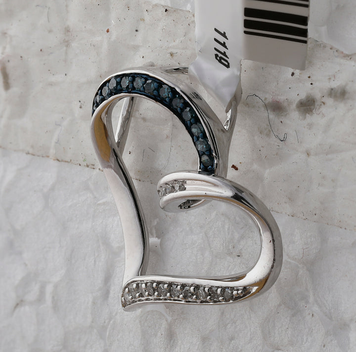 Sterling Silver Women's Blue Color Enhanced Diamond Bisected Heart Pendant 1/10 ctw