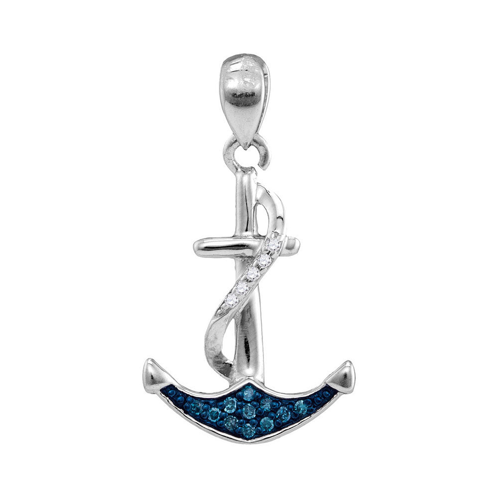 Sterling Silver Women's Blue Color Enhanced Diamond Nautical Anchor Pendant 1/20 ctw