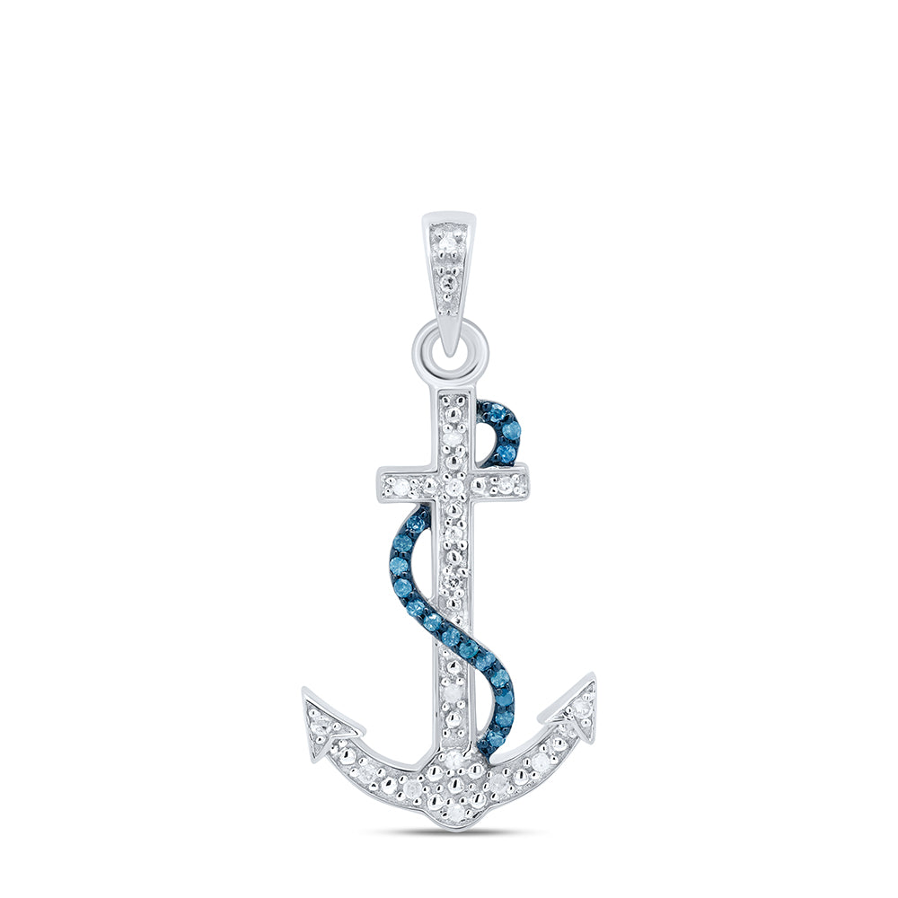 Sterling Silver Women's Blue Color Enhanced Diamond Nautical Anchor Pendant 1/10 ctw
