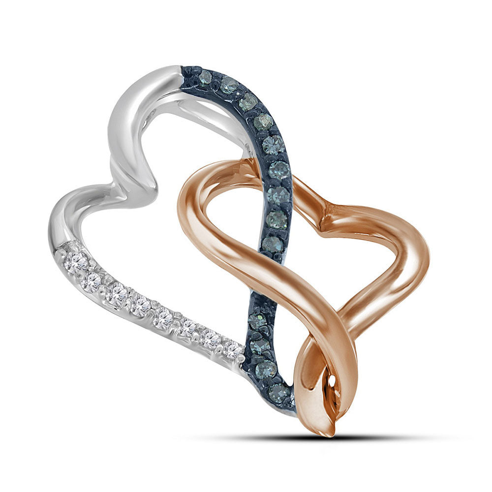 Two-Tone Sterling Silver Women's Blue Color Enhanced Diamond Heart Pendant 1/20 ctw