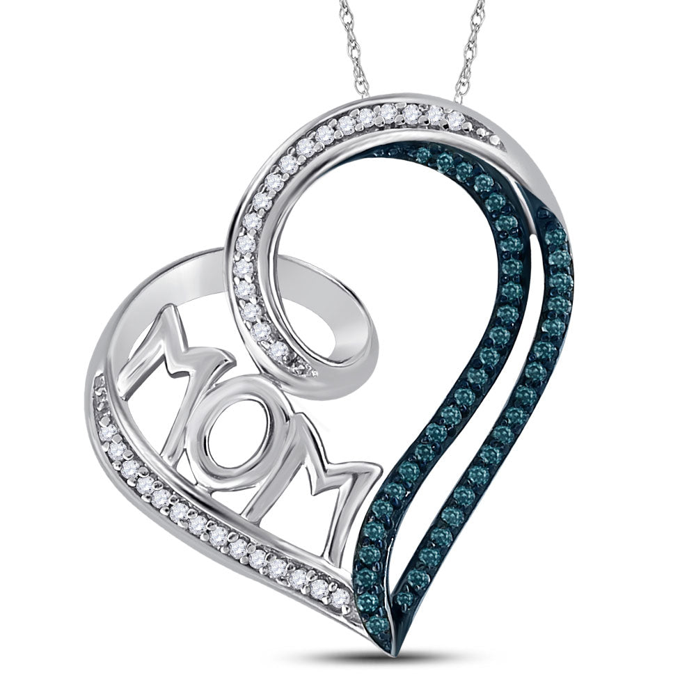 Sterling Silver Women's Color Enhanced Blue Diamond Mom Heart Pendant 1/5 ctw