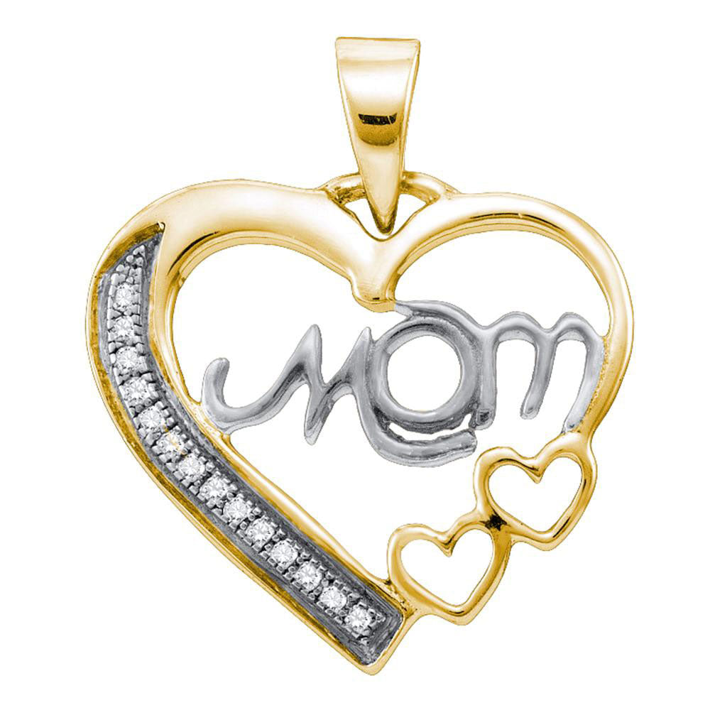 Sterling Silver White Diamond Mom Mothers Women's Heart Yellow-tone Pendant 1/20 ctw