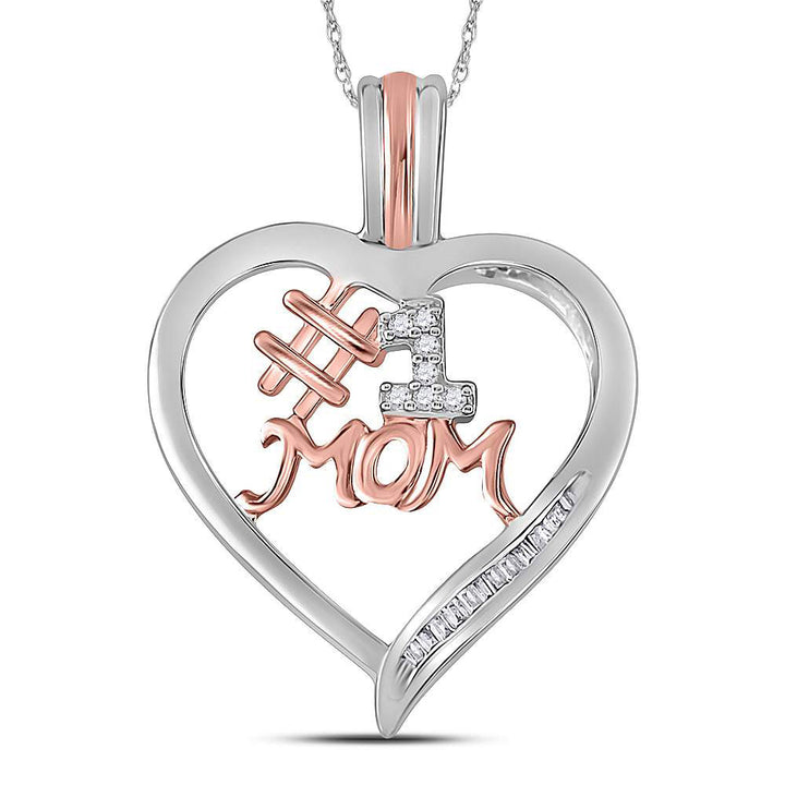 Sterling Silver Women's Diamond Rose-tone #1 Mom Mother Heart Pendant 1/12 ctw - view 2