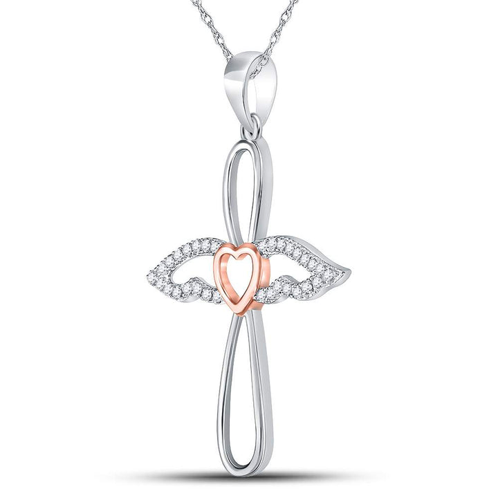 Sterling Silver Rose-tone Women's Diamond Angel Cross Pendant 1/8 ctw - view 2