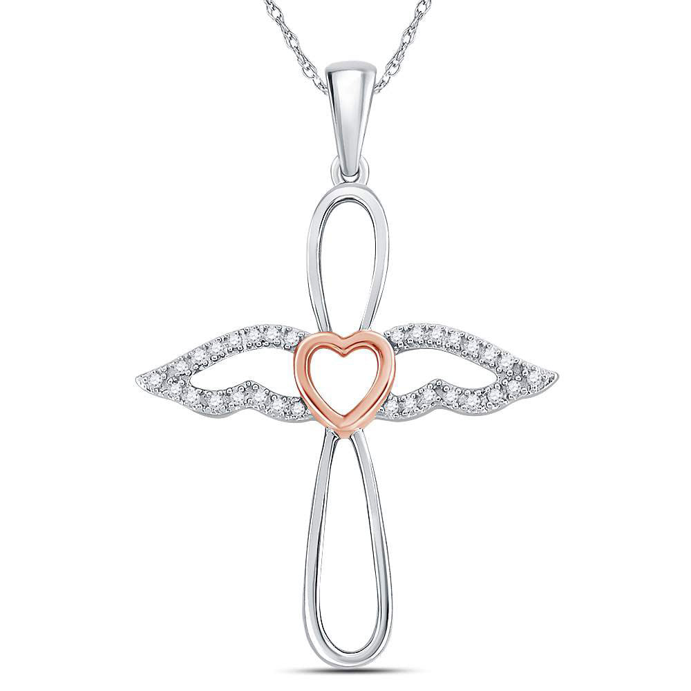Sterling Silver Rose-tone Women's Diamond Angel Cross Pendant 1/8 ctw - view 3