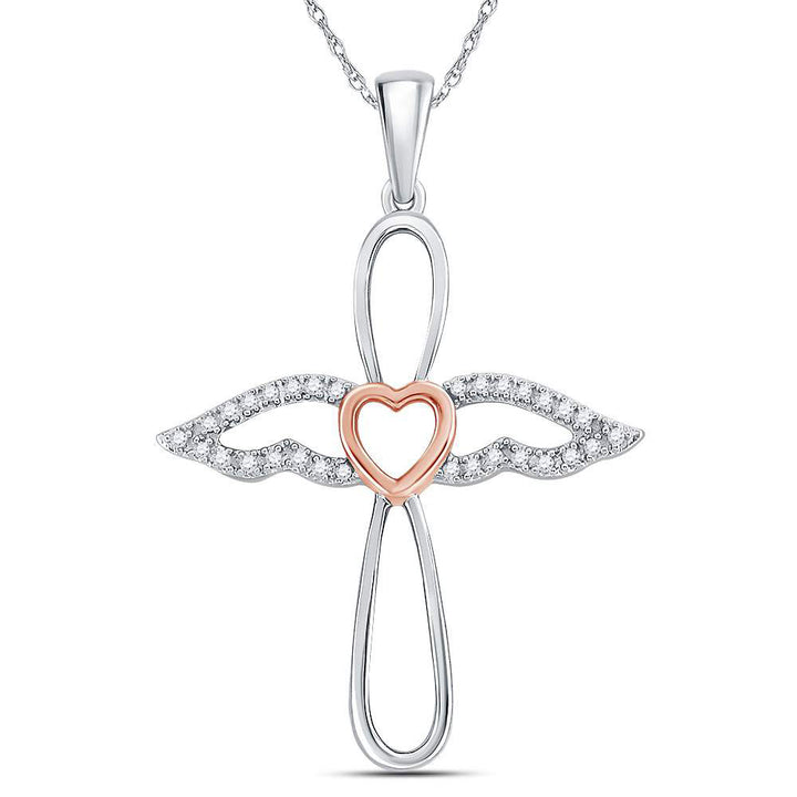Sterling Silver Rose-tone Women's Diamond Angel Cross Pendant 1/8 ctw - view 3
