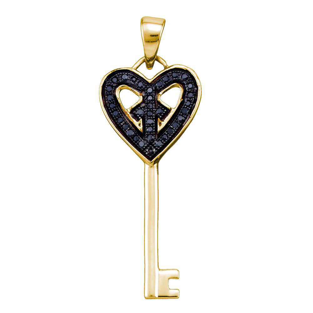Sterling Silver Women's Black Color Enhanced Diamond Key Heart Anniversary Yellow-tone Pendant 1/8 ctw