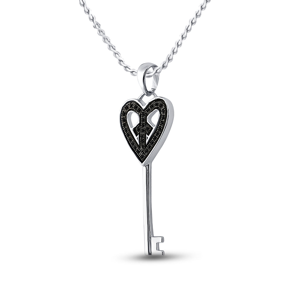 Sterling Silver Women's Black Color Enhanced Diamond Key Heart Anniversary Pendant 1/10 ctw