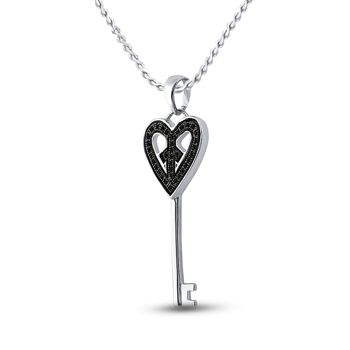 Sterling Silver Women's Black Color Enhanced Diamond Key Heart Anniversary Pendant 1/10 ctw