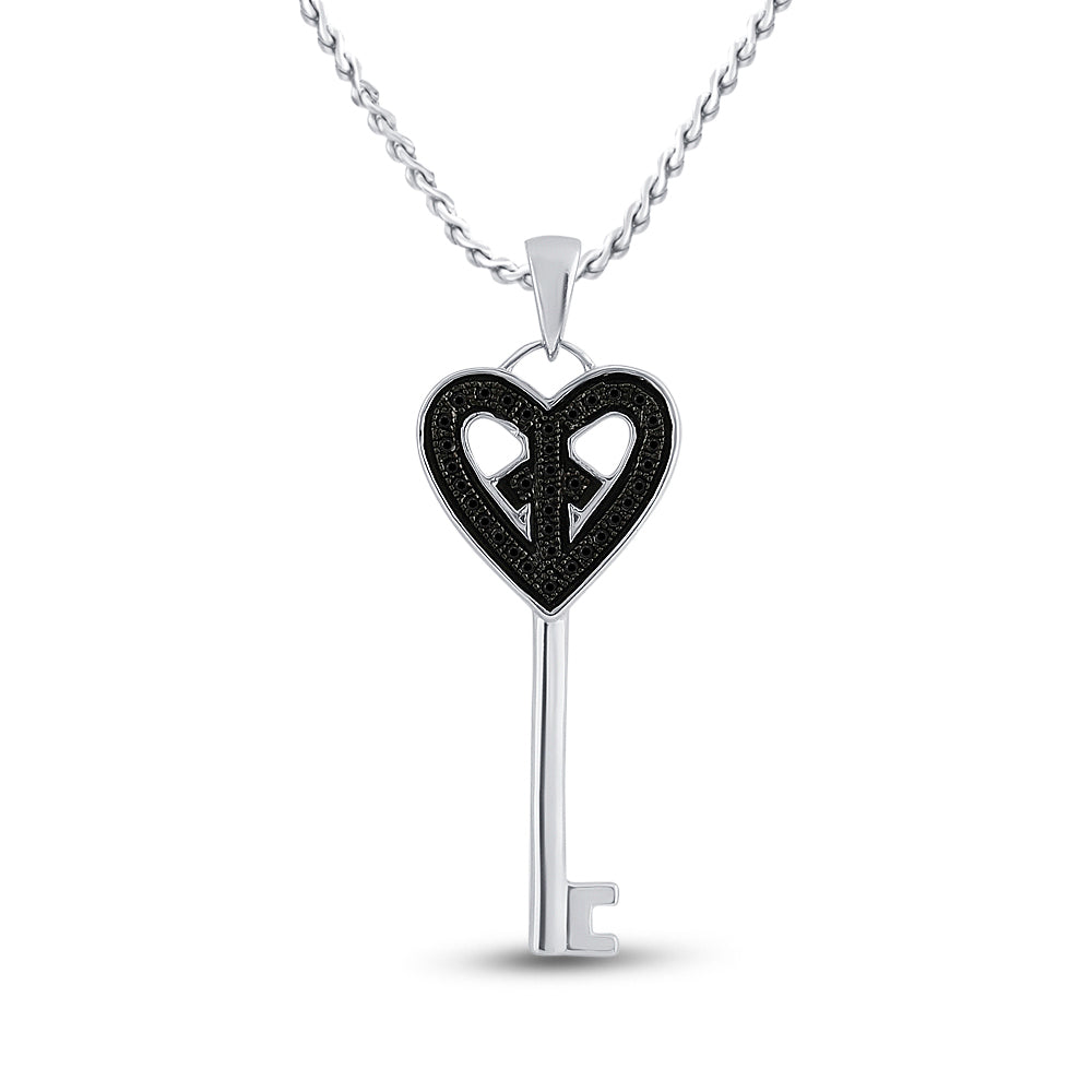Sterling Silver Women's Black Color Enhanced Diamond Key Heart Anniversary Pendant 1/10 ctw - view 2